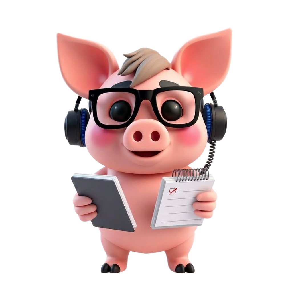 Piguee, o porquinho mascote, acenando e segurando uma lista de tarefas para os pais
